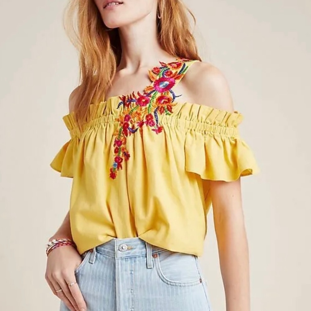 Anthropologie Mynah's Reynu Taandon Blouse Selena Embroidered Open Shoulder